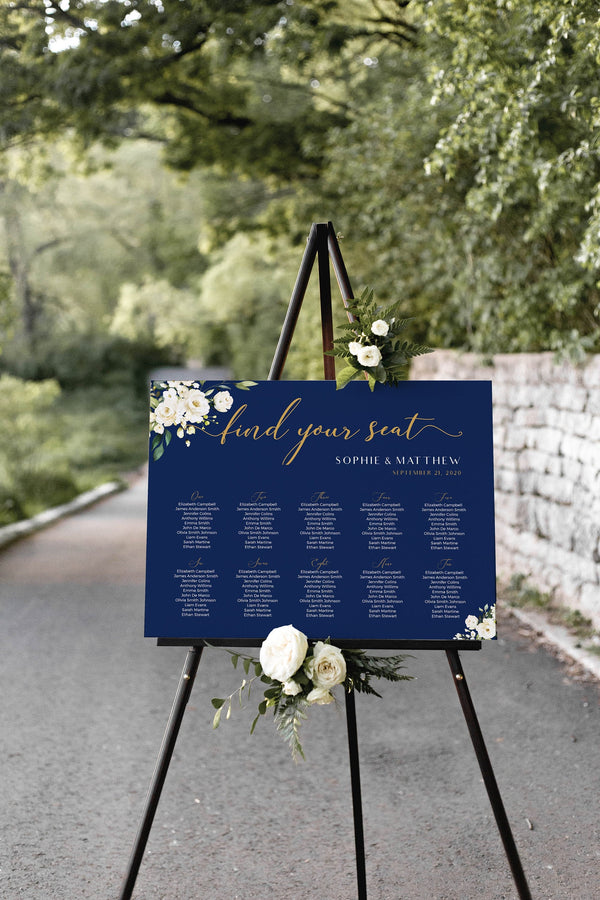 Seating chart template, Navy seating chart with white flowers and greenery, Landscape and vertical  #NG020LWT