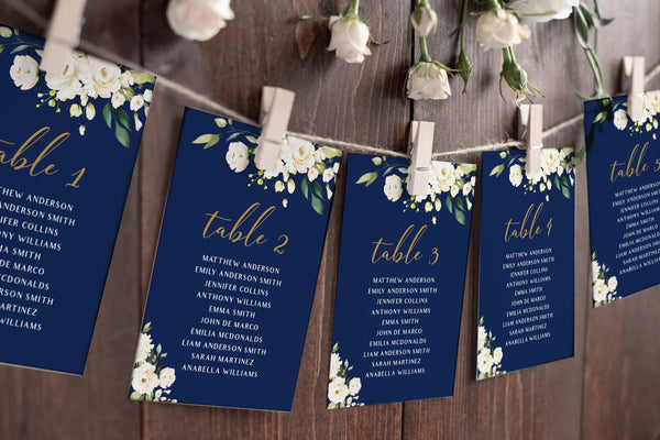 Seating cards template, Seating chart cards, Seating plan cards, Navy gold with white flowers #NG020LWT