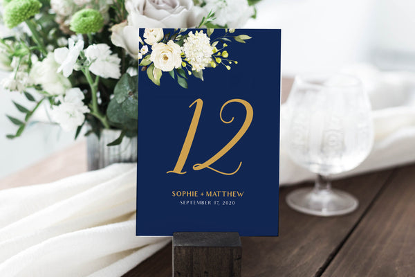 Table numbers printable, Navy table numbers, Floral table numbers template, Navy gold with white flowers #NG020LWT