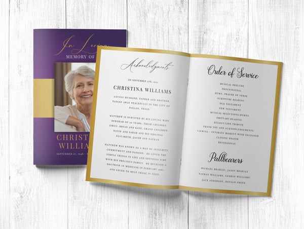 Funeral program template for women, Purple gold program template, Instant download printable funeral program template #fnr021pgd