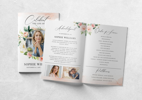 Funeral program template for women with blush watercolor flowers and greenery, Instant download