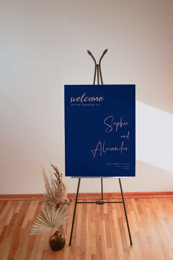 Navy rose gold wedding welcome sign template, Rose gold foil printable, DIY welcome sign template #NRG021