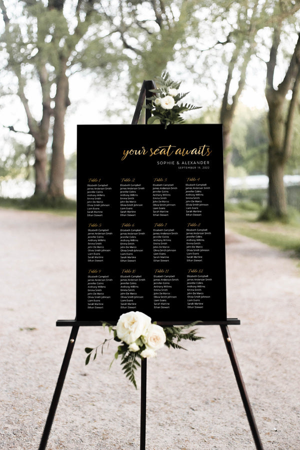 Black and gold seating chart, Seating chart gold,  Instant download, Seating chart template, Gold foil effect #BGD021