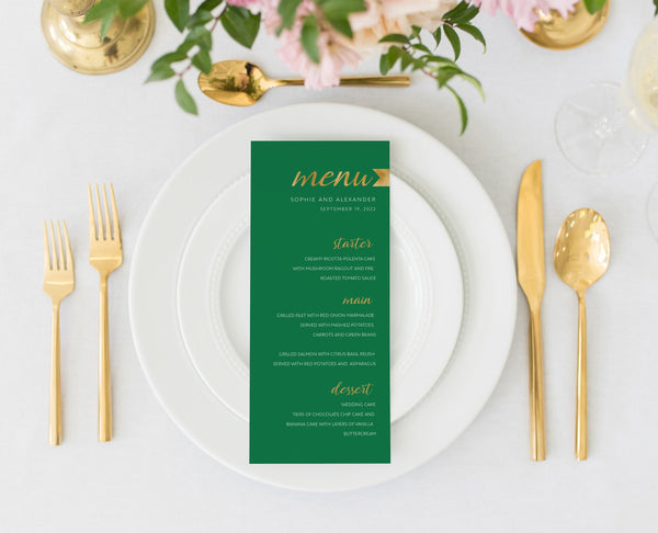 Green menu template, Wedding dinner menu, Instant download, DIY menu template with gold foil effect  #GRE021