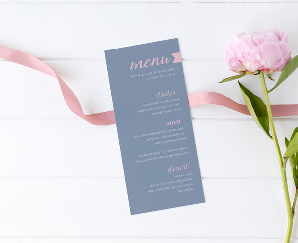 Dusty blue menu template, Wedding dinner menu, Dusty blue and rose, DIY menu template  #DBL021