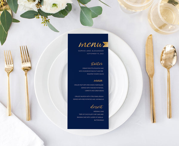 Navy menu template, Wedding dinner menu, Navy gold menu, DIY menu template, Gold effect  #NGD021