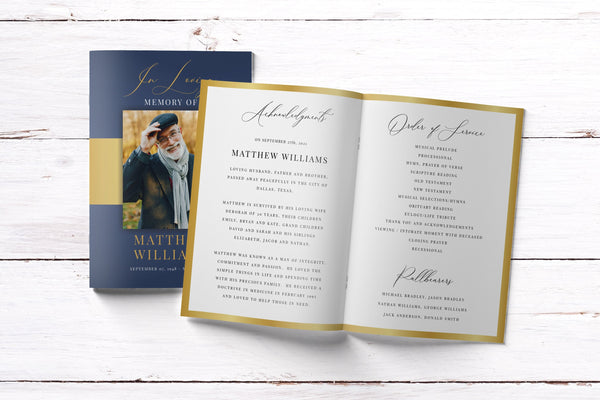 Funeral program template, Navy gold funeral program for men, Instant download #fnr021ngd