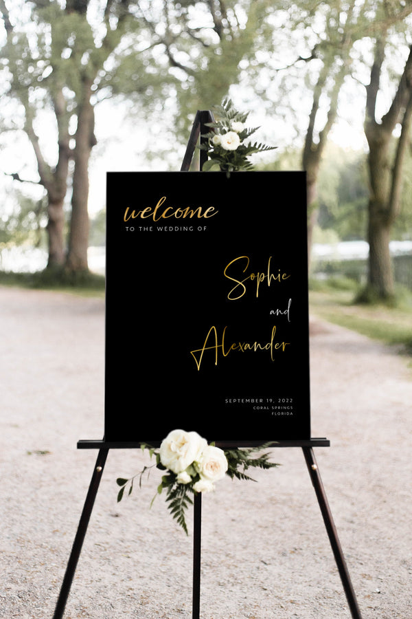 Black and gold wedding welcome sign, Welcome wedding sign, DIY welcome sign template, Faux gold #BGD021