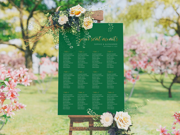 Green seating chart template, Seating chart gold, Forest green, Seating chart template, Gold foil effect #GRE021