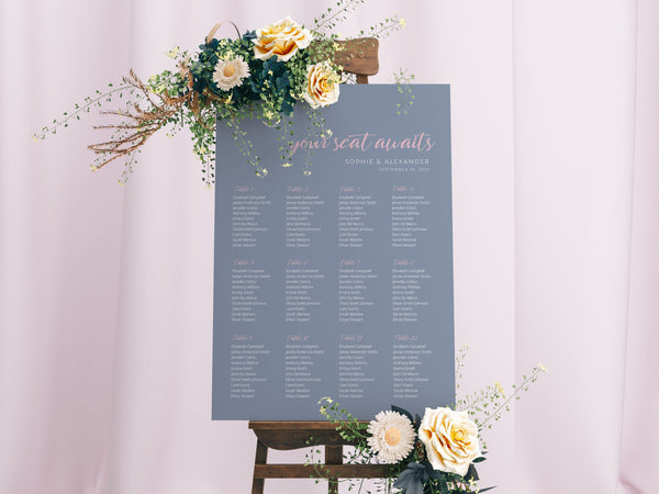 Dusty blue seating chart, Rose seating chart,  Seating chart template, DIY seating plan #DBL021