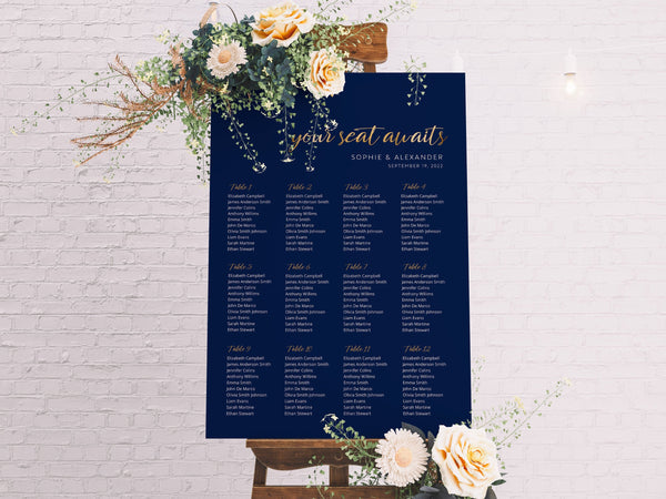 Navy and gold seating chart, Seating chart navy,  Instant download, Seating chart template, Gold effect #NGD021