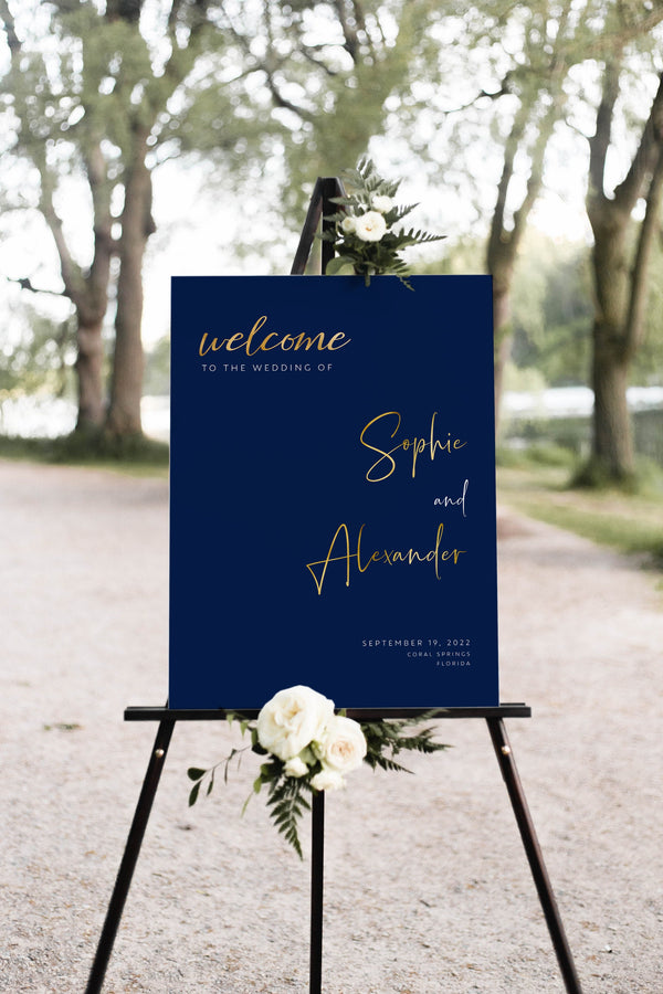 Welcome sign navy, Welcome wedding sign, DIY welcome sign template, Navy and gold effect #NGD021