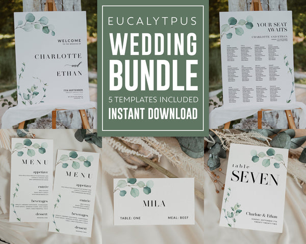 Eucalyptus Wedding bundle, Eucalyptus Wedding templates, Seating chart, Welcome sign, Table numbers, Place cards, Menu #GR021LWT