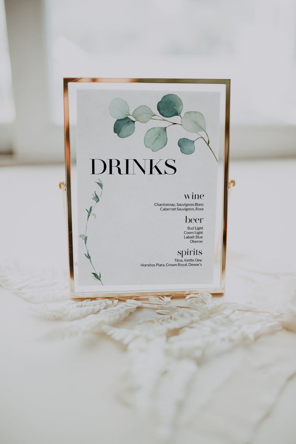 Drinks template sign, Bar menu sign,  Eucalyptus wedding sign, Greenery wedding sign, Eucalyptus menu template #GR021LWT