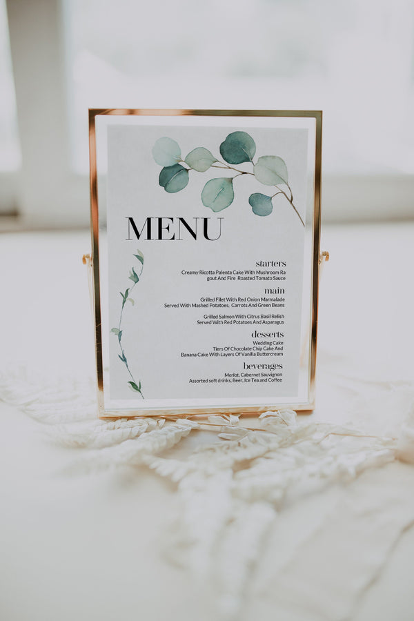 Menu sign, Eucalyptus menu sign, Greenery menu sign, Wedding menu table sign template  #GR021LWT