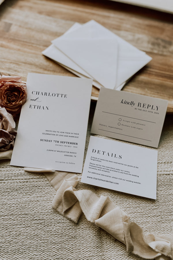 Wedding invitation suite with rsvp and details card, Minimalist wedding invitation suite, Formal wedding invitation set