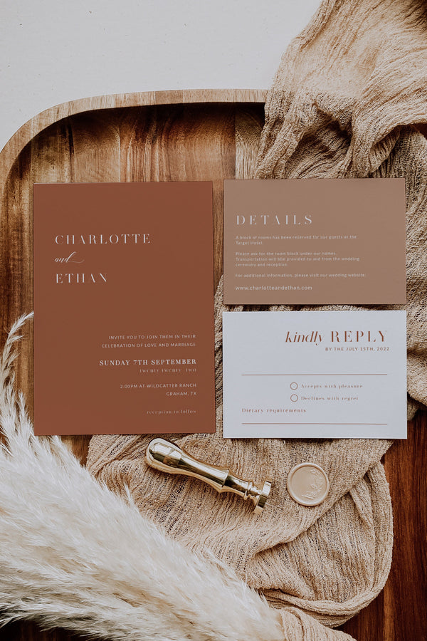 Terracotta wedding invitation set, Wedding invitation set with RSVP and Details cards