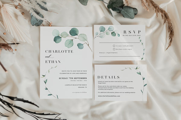 Eucalyptus Wedding invitation suite, Greenery wedding invitation, Boho Wedding invitation set instant download #GR021LWT