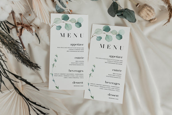 Menu template, Boho wedding menu, Eucalyptus wedding menu, DIY menu template, Greenery wedding menu template #GR021LWT