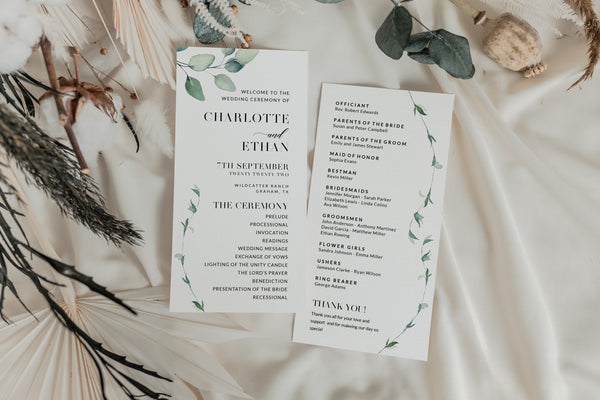 Wedding program eucalyptus, Wedding program template, Boho wedding program, Greenery program template #GR021LWT