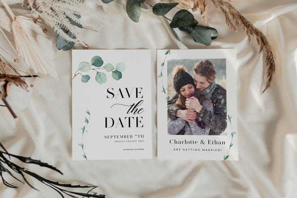 Save the date eucalyptus, Boho save the date, Save the date template, Save the da with photo and greenery #GR021LWT