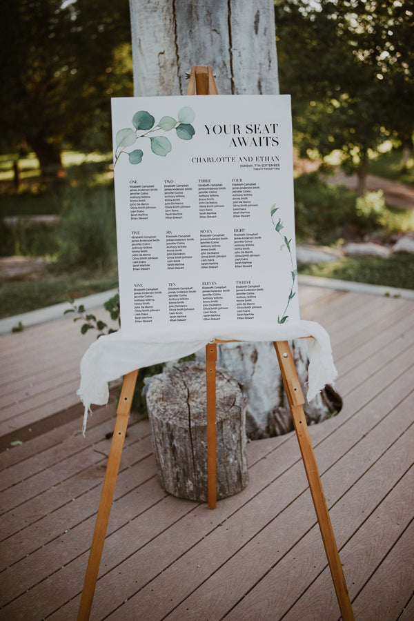 Eucalyptus seating chart, Seating chart wedding,  Seating chart template, Boho seating chart sign with greenery #GR021LWT