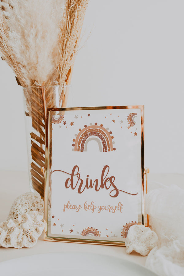 Drinks sign, Printable drinks sign, Baby shower sign, Rainbow baby shower, Boho rainbow, Neutral baby shower, Burnt orange #RNBBOHO