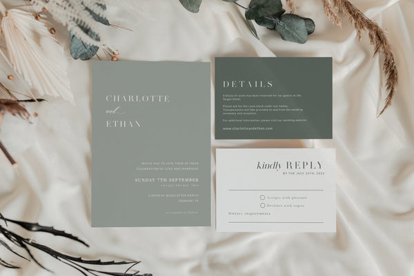 Sage green wedding invitation with rsvp and details card,  Sagre green invitation template, Instant edit and print #SAGE021LWT