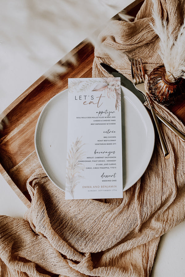 Menu template, Pampas Grass menu, Wedding pampas grass décor, Boho wedding menu #LWTPampas