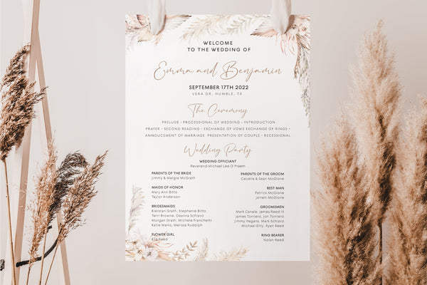 Wedding program sign, Wedding ceremony program template, Pampas Grass wedding sign #LWTPampas