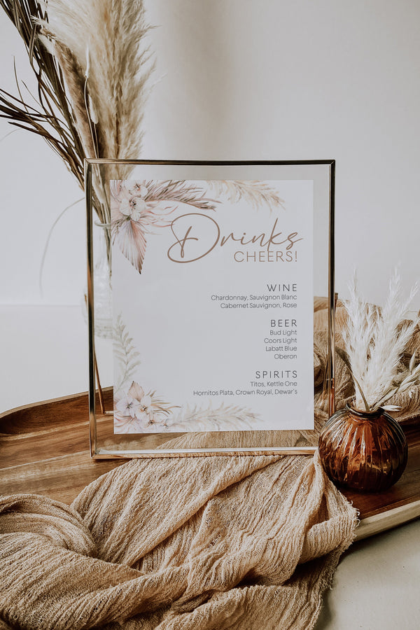 Drinks sign, Bar menu sign, Pampas grass sign, Pampas Grass wedding, Wedding bar sign #LWTPampas