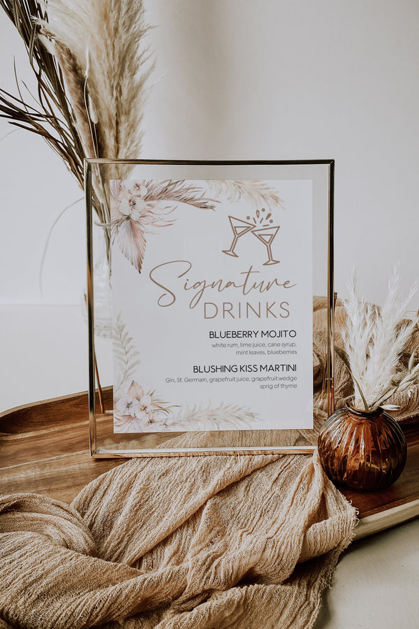 Signature cocktails sign, Pampas Grass wedding sign, Signature drink template, Boho wedding sign  #LWTPampas