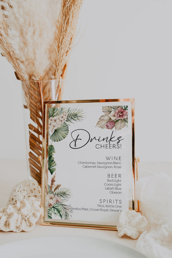 Drinks menu sign, Wedding bar menu template, Tropical wedding sign, Tropical pampas grass, Boho wedding sign #LWTropicana