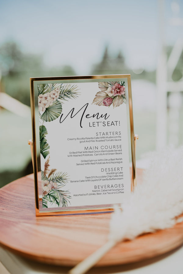 Menu sign template, Tropical menu template, Beach menu template, Tropical wedding menu, Menu sign, Pampas grass tropical #LWTropicana