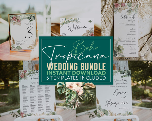 Wedding bundle, Tropical wedding bundle, Beach tropical wedding stationery, 5 templates included, Boho tropical #LWTropicana