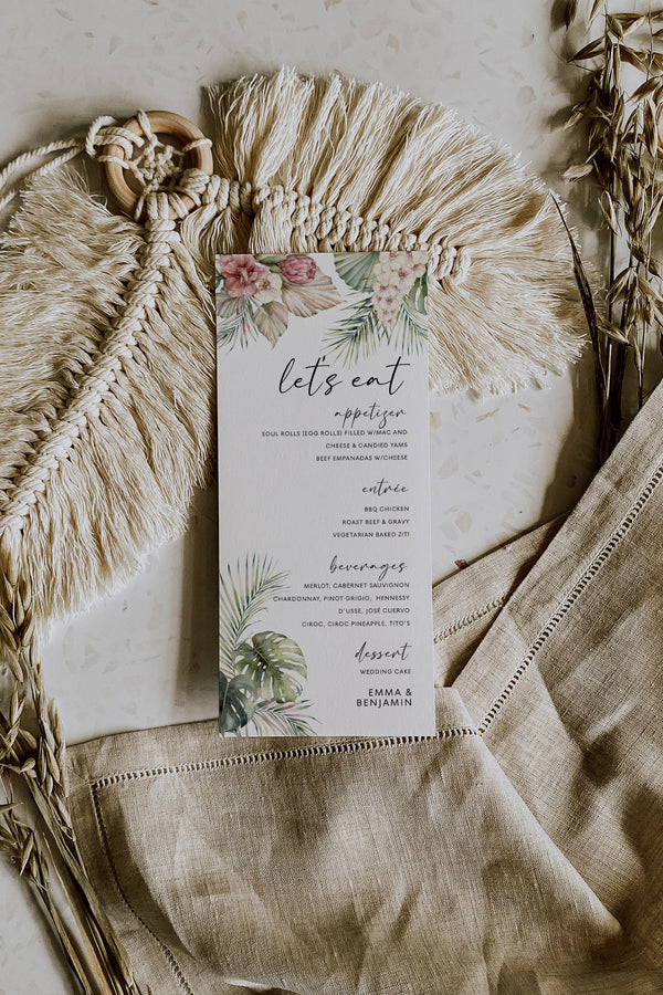 Tropical menu template, Wedding menu, Boho menu template  #LWTropicana