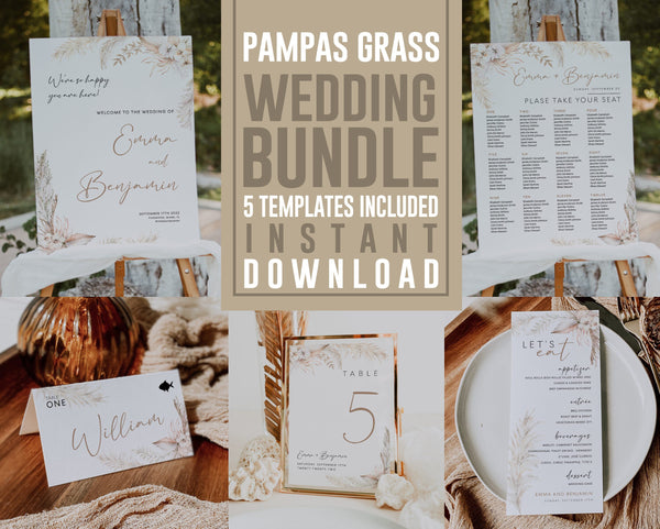 Pampas Grass wedding bundle, Pampas Grass wedding stationery, Seating chart, Welcome sign, Table numbers, Menu, Place cards #LWTPampas