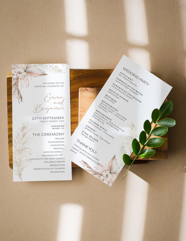 Wedding program template , Pampas grass wedding program, Boho Wedding program #LWTPampas