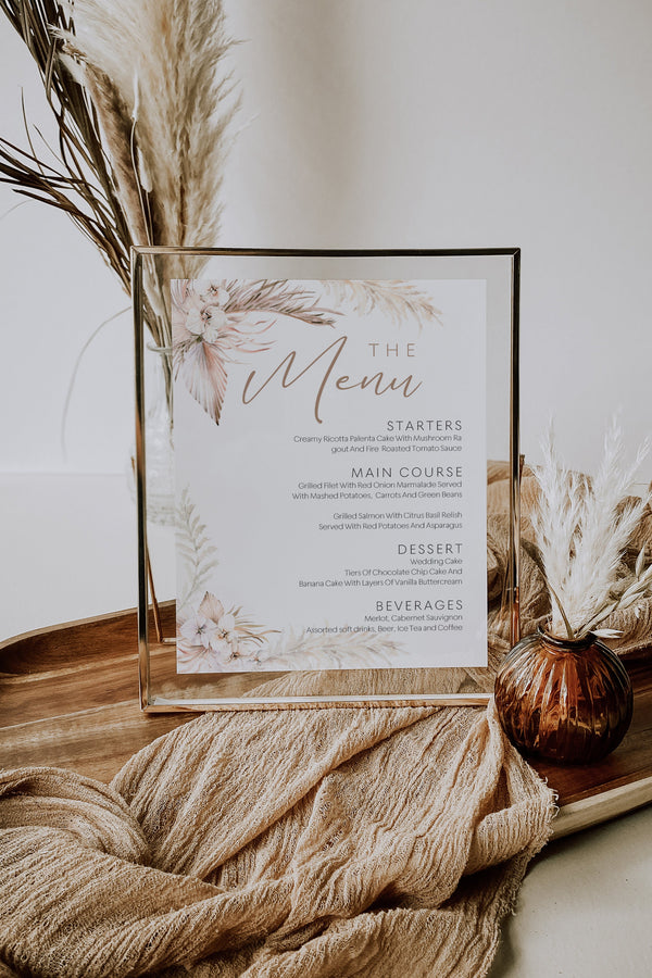 Wedding menu sign, Pampas grass menu, Instant download, Pampas Grass wedding menu template printable #LWTPampas