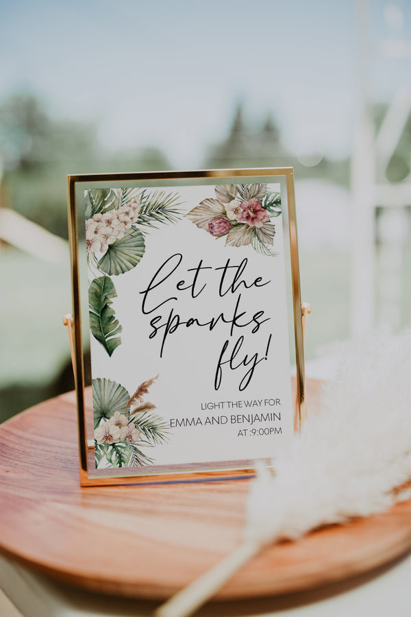 Let The Sparks Fly sign, Sparkler send off sign, Tropical wedding sign, Tropical pampas grass, Boho wedding sign #LWTropicana