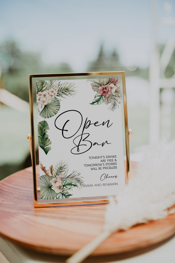 Open Bar sign, Wedding open bar,  Beach wedding sign, Tropical wedding sign, Pampas grass tropical #LWTropicana