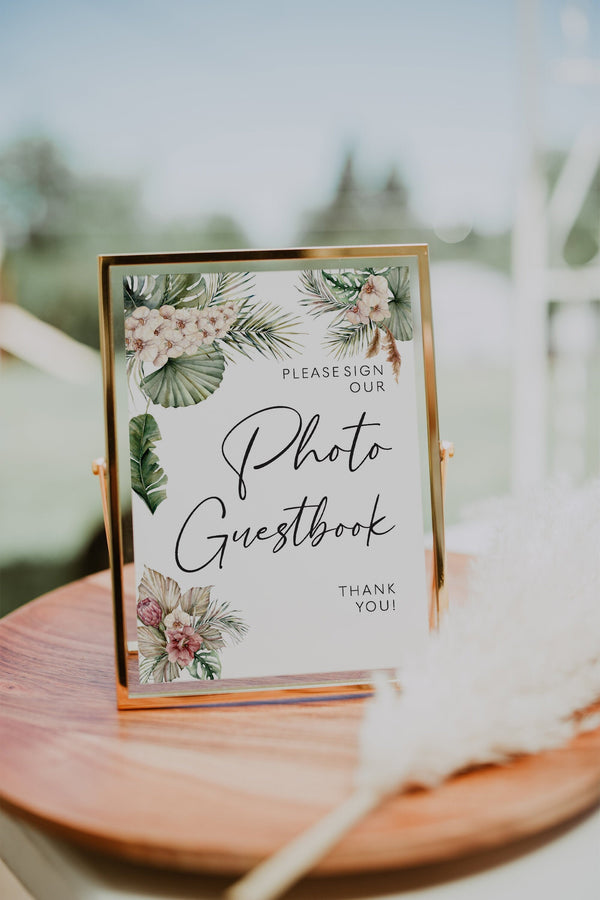 Photo Guest Book sign, Tropical guest book,  Beach wedding sign, Tropical wedding sign, Pampas grass tropical #LWTropicana