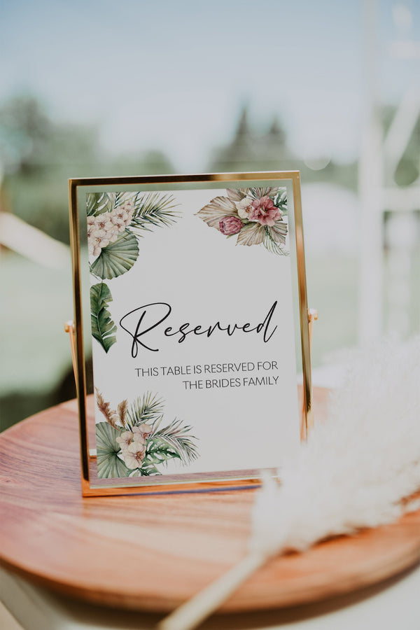 Reserved sign template, Reserved table sign,  Tropical wedding sign, Tropical pampas grass, Wedding reserved sign  #LWTropicana