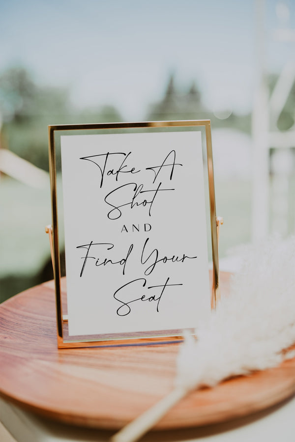 Take a shot sign, Wedding seating sign, Take a hot and find your seat, Take a shot template, Take a hot and find your spot | ELODIE