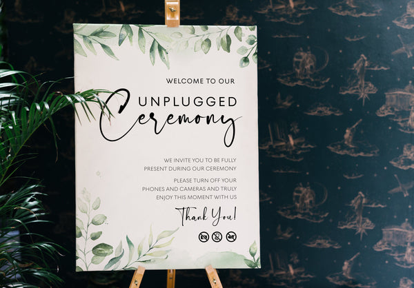 Unplugged ceremony sign, Wedding unplugged sign, Greenery wedding sign, Eucalyptus sign template, instant download | FLORA