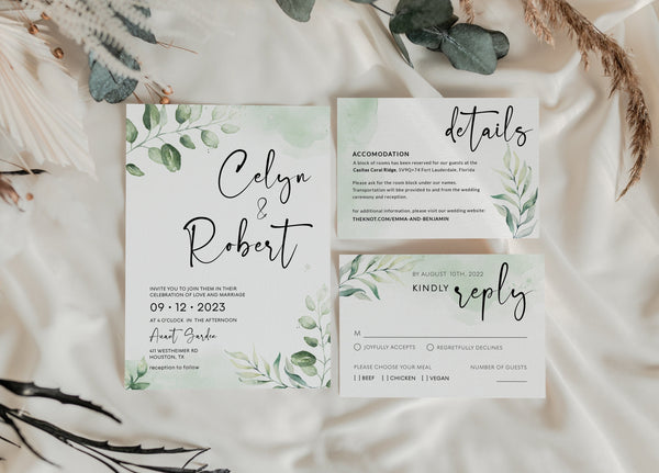 Eucalyptus invitation set, Invitation template, Eucalyptus wedding invitation | FLORA