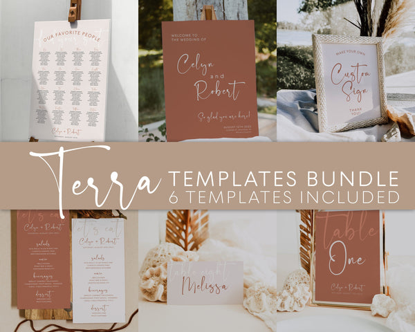 Wedding bundle, Seating chart, Welcome sign, Table numbers, Menu cards, Place cards and Custom sign templates, Terracotta wedding | TERRALWT