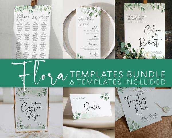 Ultimate Wedding Bundle, Templates Bundle, Greenery wedding templates, Seating chart template, Welcome sign template. Menu and more | FLORA