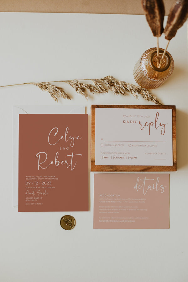 Wedding invitation terracotta, Burnt orange wedding invitation, Wedding invitation template, RSVP and Details card template | TERRALWT