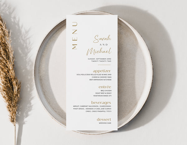 Gold menu template, Gold wedding menu, Rust gold wedding menu cards fully editable | GOLDY